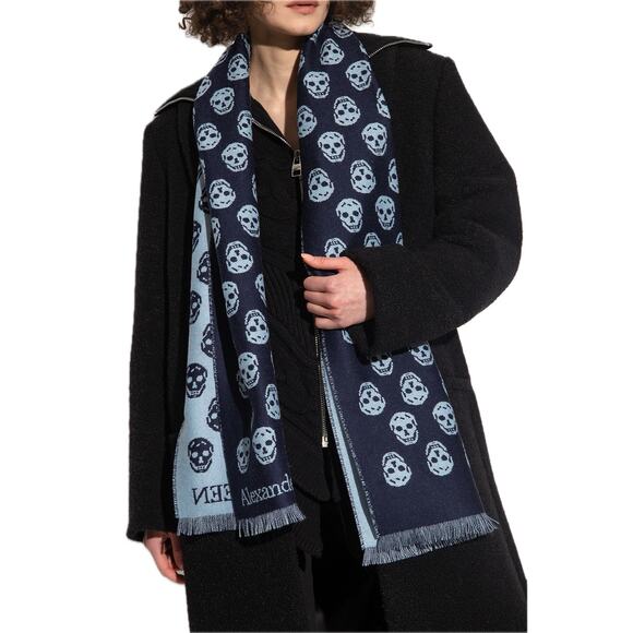 NWT Alexander McQueen Reversible Skull Wool Biker scarf Navy Blue - Picture 3 of 8